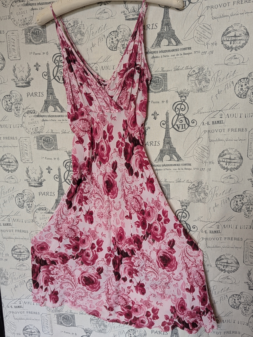 Floral Pink Rose Print Slip Dress With Corset Back- Pink Size L